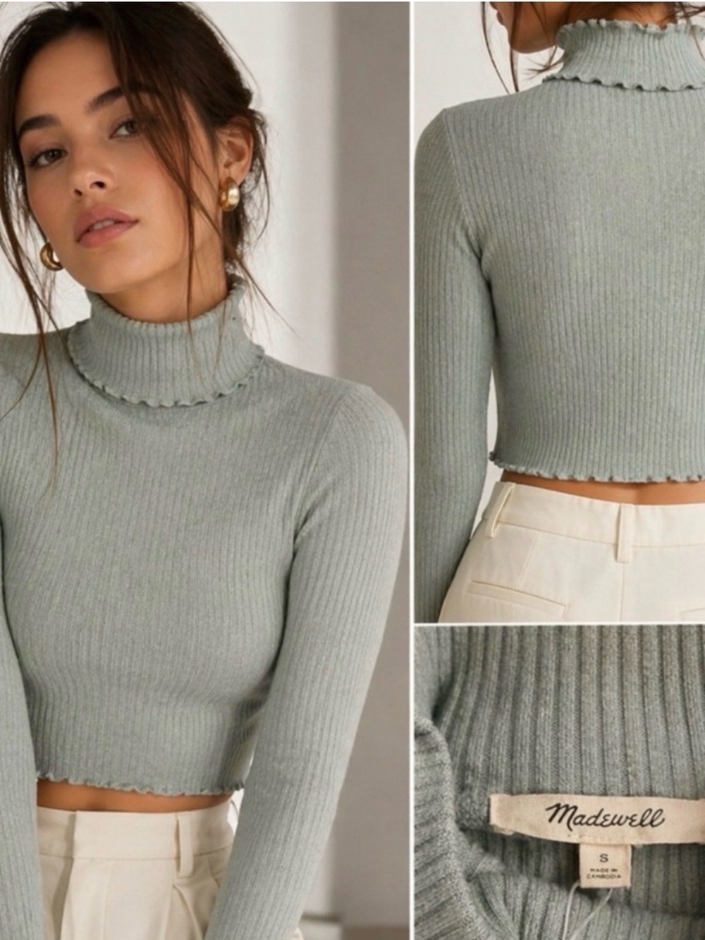 MADEWELL Ribbed Lettuce Hem Turtleneck Crop Top Size M